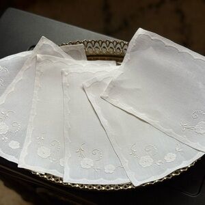 6 Vintage White Linen Embroidered Cocktail Napkins